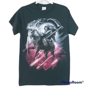Vintage Black Grim Reaper Horse Y2K Goth Cotton Tee Size S
